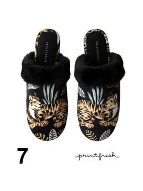 WOMENS PRINTFRESH UNTAMED TIGER VELVET FAUX FUR SLIPPERS - SIZE 7 - BLACK/GOLD I